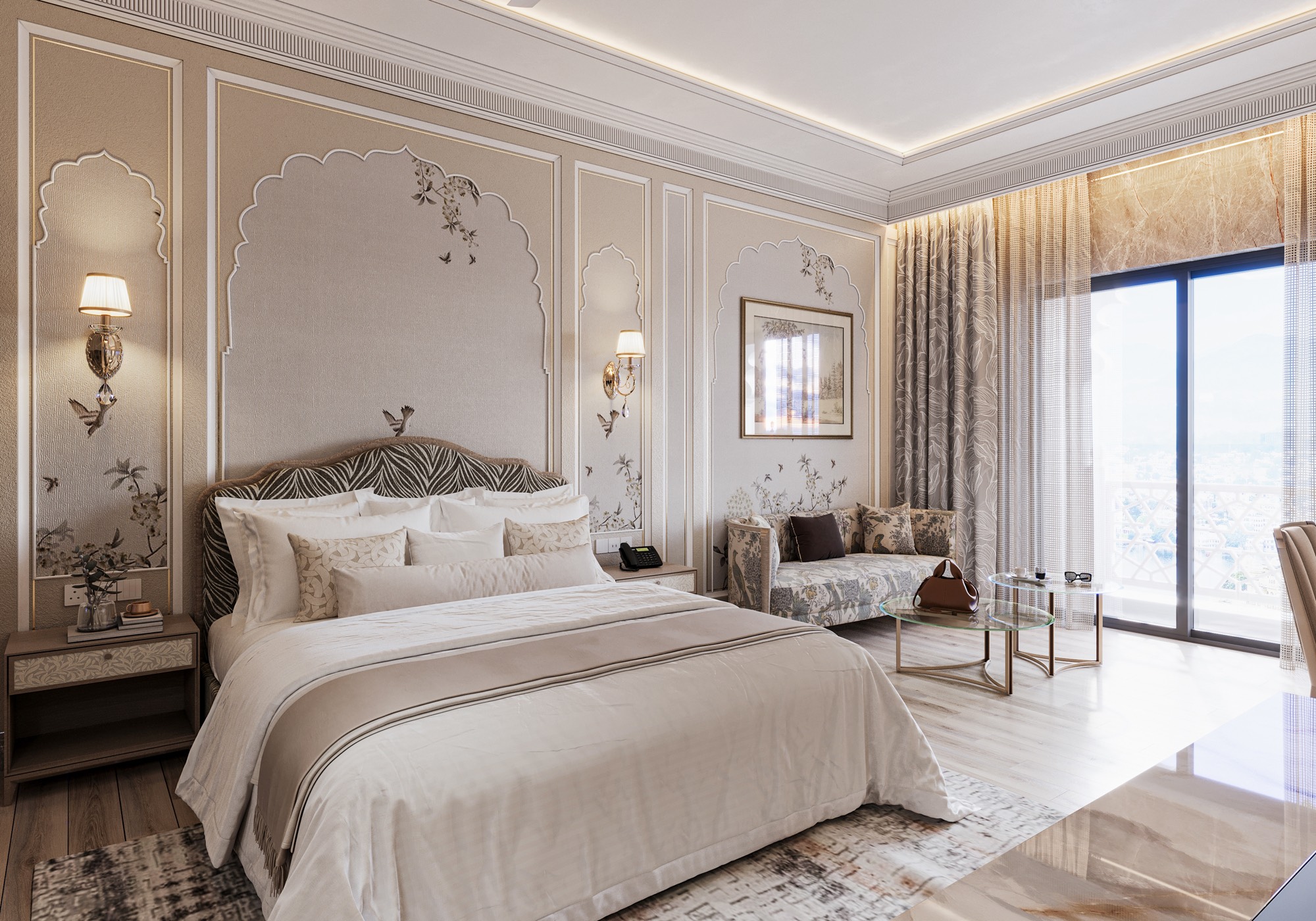 Neoclassical hotel bedroom with hand-painted floral wall panels